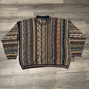 VTG 90s Tundra 3D Knit Sweater 2XL Earth Tone Coogi Style Abstract